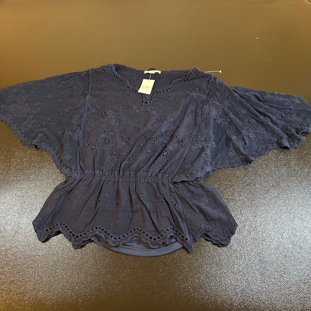 Cato Eyelet Embroidered Blouse‎ Top Navy Blue Flutter Sleeve Womens Medium NWT